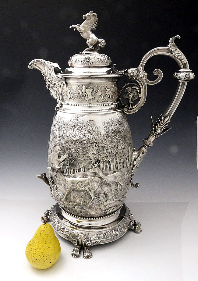 English antique sterling silver flagon applied stags Stephen Smith London 1881